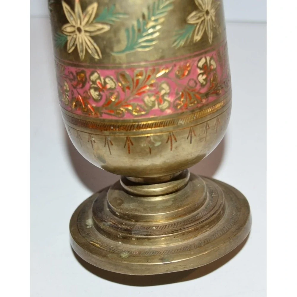 Vtg Brass Colorful Etched Vase Red & Green Footed Made India